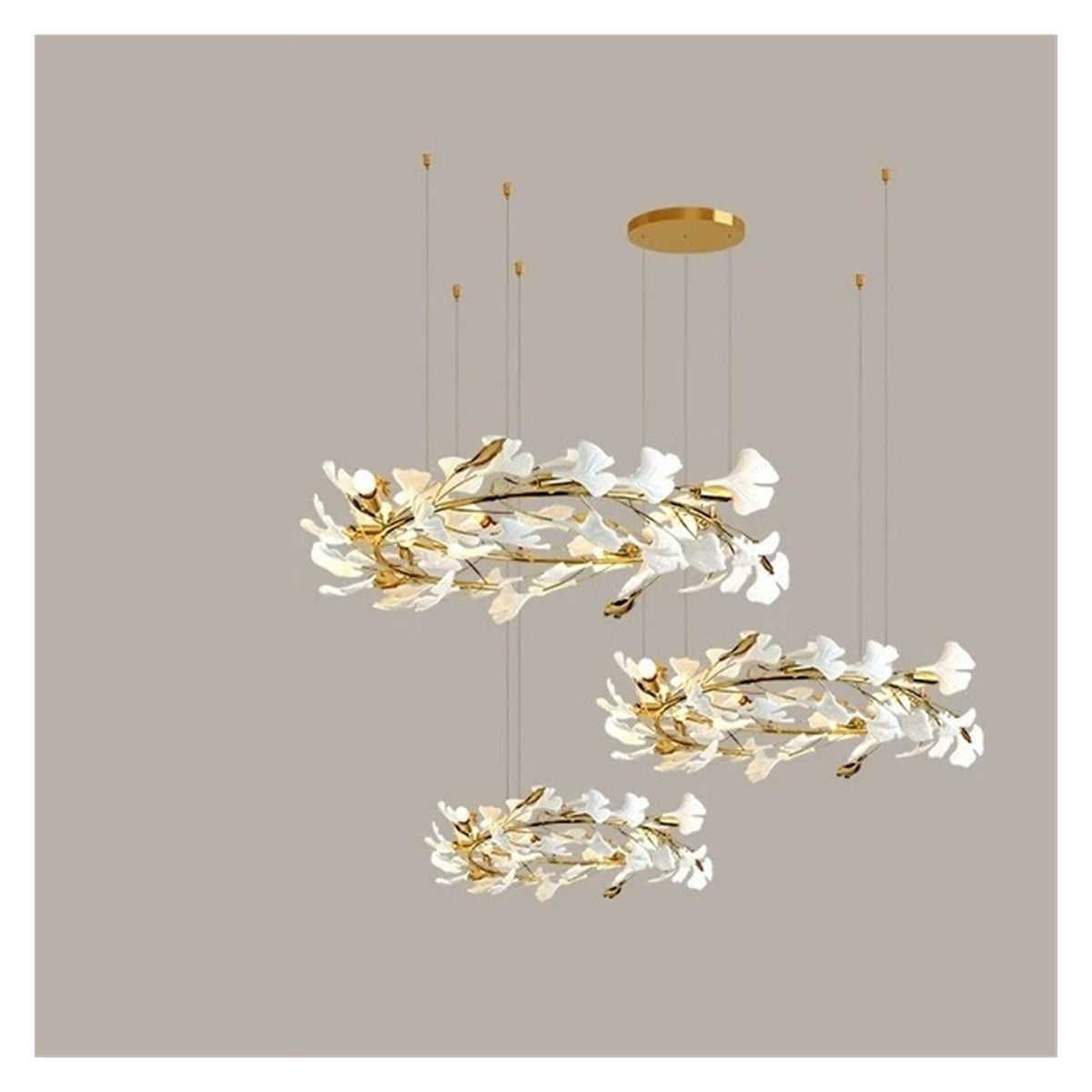 Round Ginkgo Leaf Chandelier Ring Long Gold Hanging For Hotel