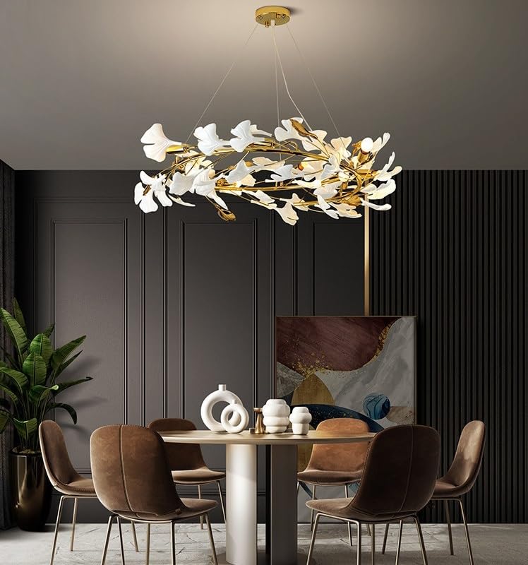 Ceiling Pendant Light, Round Ginkgo Leaf Chandelier Ring for Duplex Staircase Living Room Long Gold Hanging for High Ceiling Vila Hotel(Cold White,D80 100 120CM)