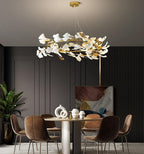 Ceiling Pendant Light, Round Ginkgo Leaf Chandelier Ring for Duplex Staircase Living Room Long Gold Hanging for High Ceiling Vila Hotel(Cold White,D80 100 120CM)