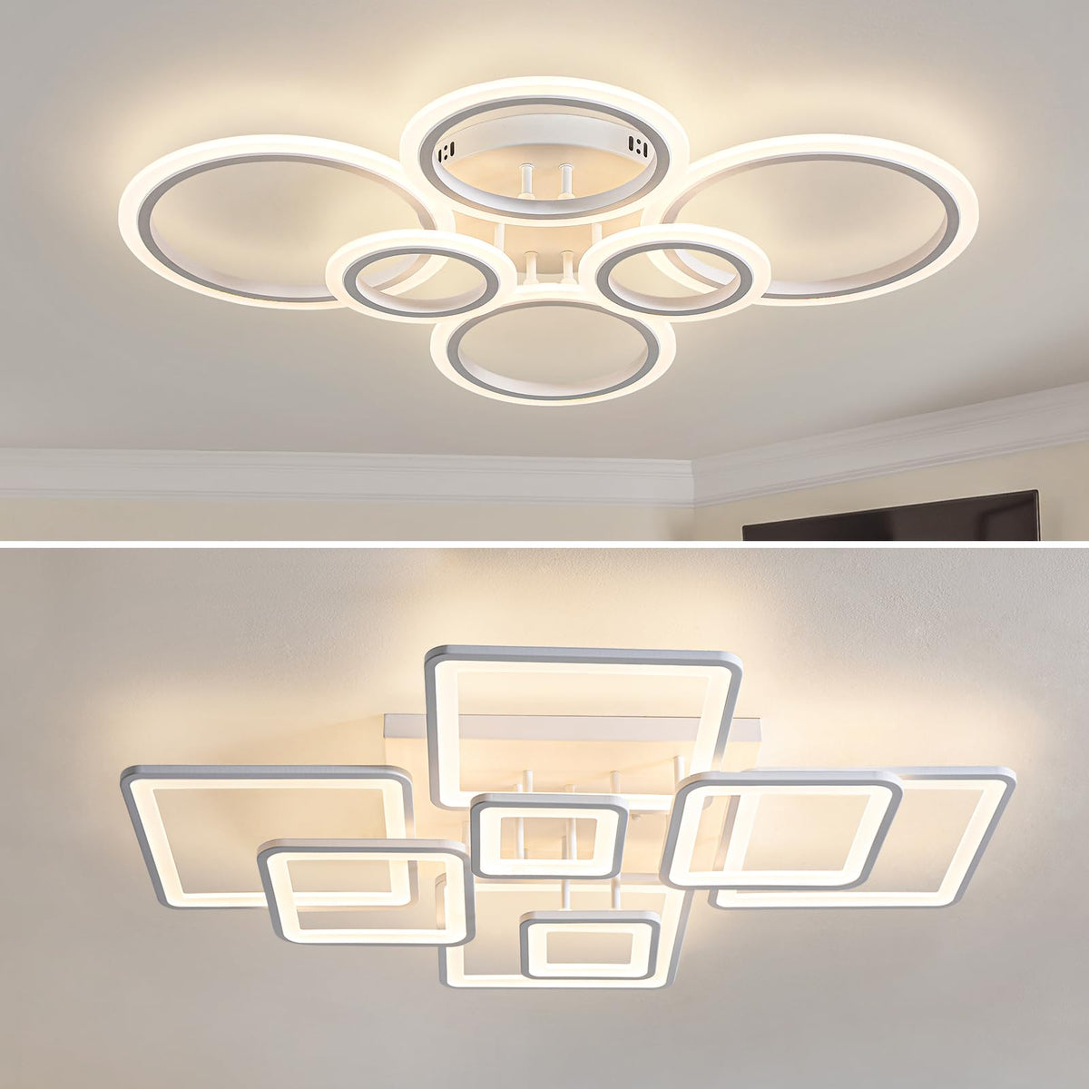 1pc 6 Rings Modern White Light Fixture Ceiling Mount with 1pc 8 Rings Square White Modern LED Ceiling Light Dimmbable Brightness and 3000-6000K Light Color by Remote Control