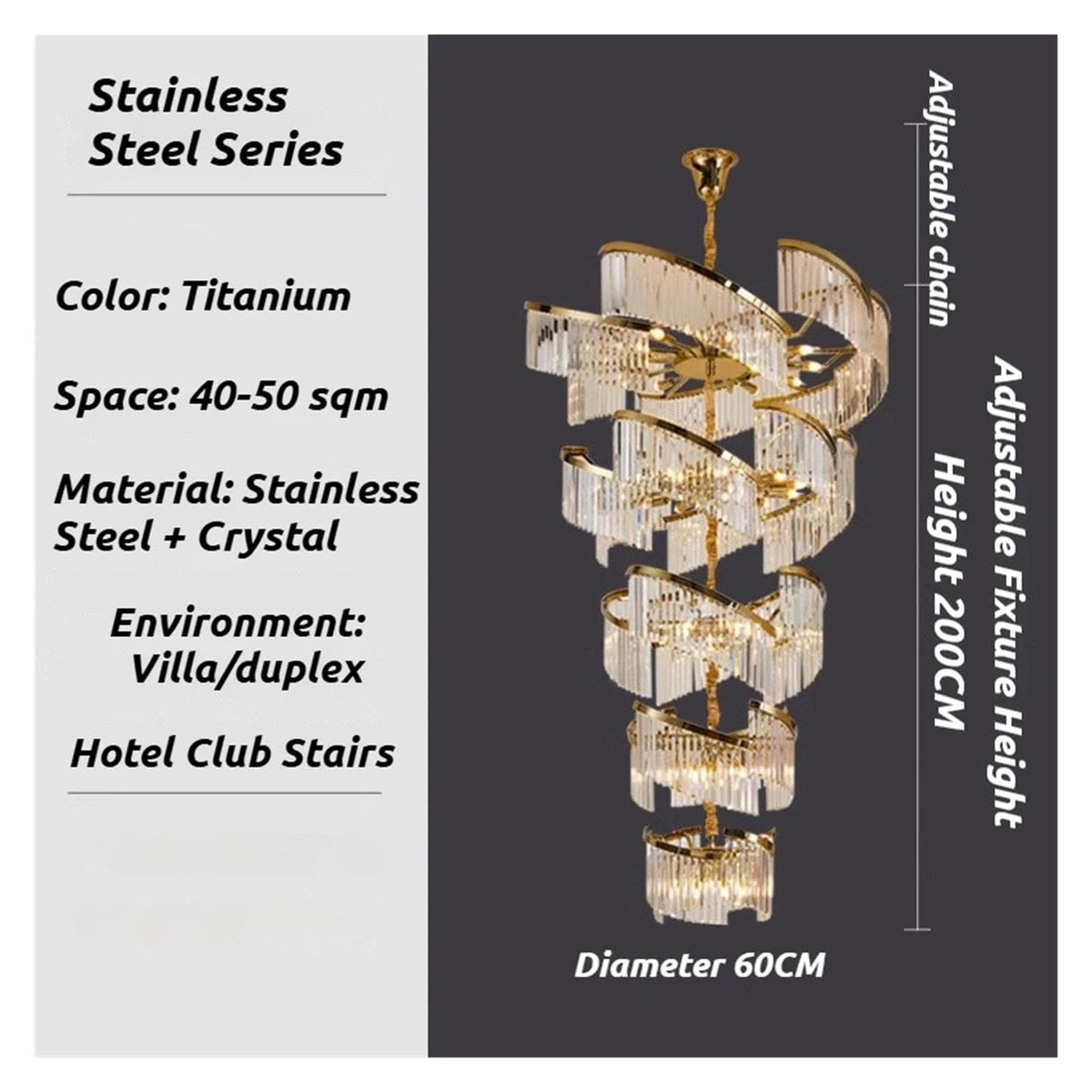 Spiral Crystal Chandelier Gold Metal Frame Pendant Light,Comfortable