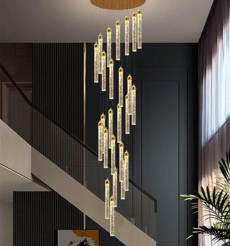 Stairs Dimmable Ceiling Chandelier Home Decor Modern LED Crystal Long Chandeliers Luxury Kitchen Villa Living Room Pendant Light(Tricolor,60 Lights)