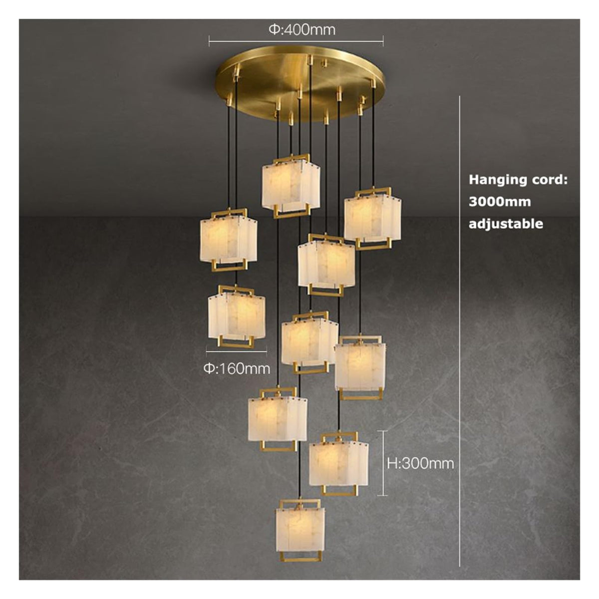 Marble Chandelier Round Rectangle Pendant(Neutral Light 10 Light)