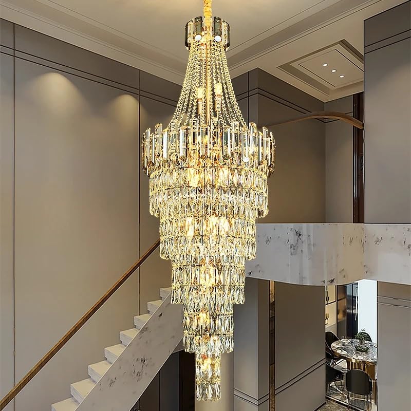 Chandelier Light, Crystal Chandelier Long Staircase Light Large Living Room Hotel Lobby Decoration Adjustable Height LED Luxury(D100 H300CM,Neutral Light)