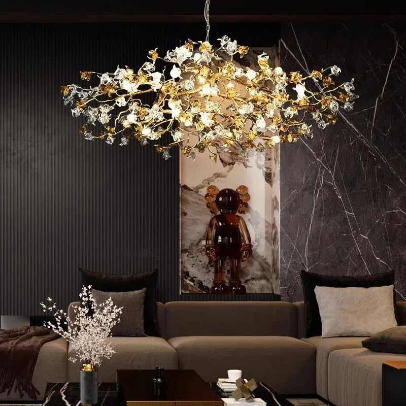 Pendant Lights, Ceiling Crystal Chandeliers Luxury Villa Designer Chandelier for Living Room Lamp Flower and Branch Art Tea(Neutral Light,Long 220x75cm)