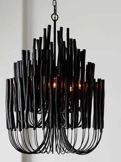 Chandelier, Dense Creative Bohemian Style Wood Art Chandelier Restaurant Lighting Design Model Room Clothing Store Soft Decoration(Neutral Light,Black_D70XH80CM)