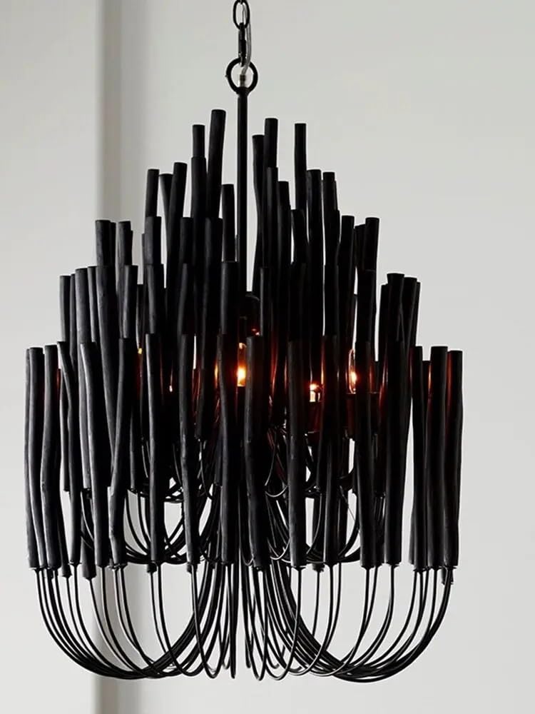 Chandelier, Dense Creative Bohemian Style Wood Art Chandelier Restaurant Lighting Design Model Room Clothing Store Soft Decoration(Cold White,Black_D70XH80CM)