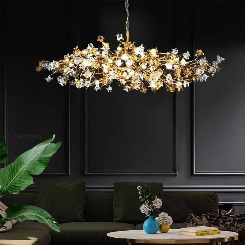 Pendant Lights, Ceiling Crystal Chandeliers Luxury Villa Designer Chandelier for Living Room Lamp Flower and Branch Art Tea(Neutral Light,Long 220x75cm)