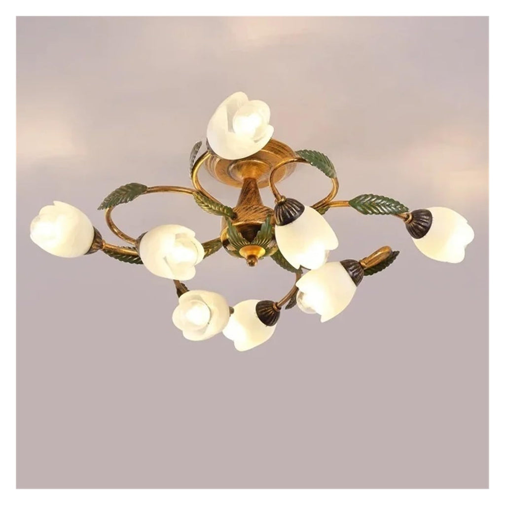 Vintage Flush Mount Ceiling Light Glass Shade Chandelier Antique Iron Metal Fixture,Practical