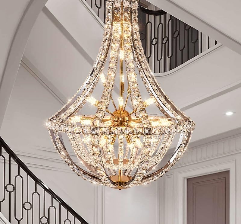 Modern Chandelier, Duplex Crystal Chandelier Villa Empty Living Room Main Light Modern Simple Creative Hotel Lobby Middle Floor High-End Lighting(D80CM H104CM,3 Changeable Color)
