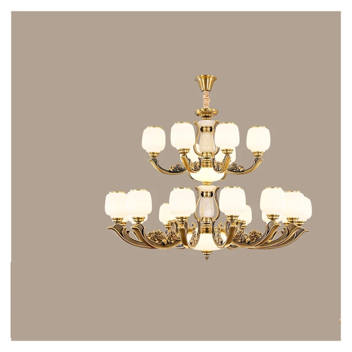 Natural Jade Center Column Glass Lampshade European Chandelier Available for High Ceiling Living Room Dining Room