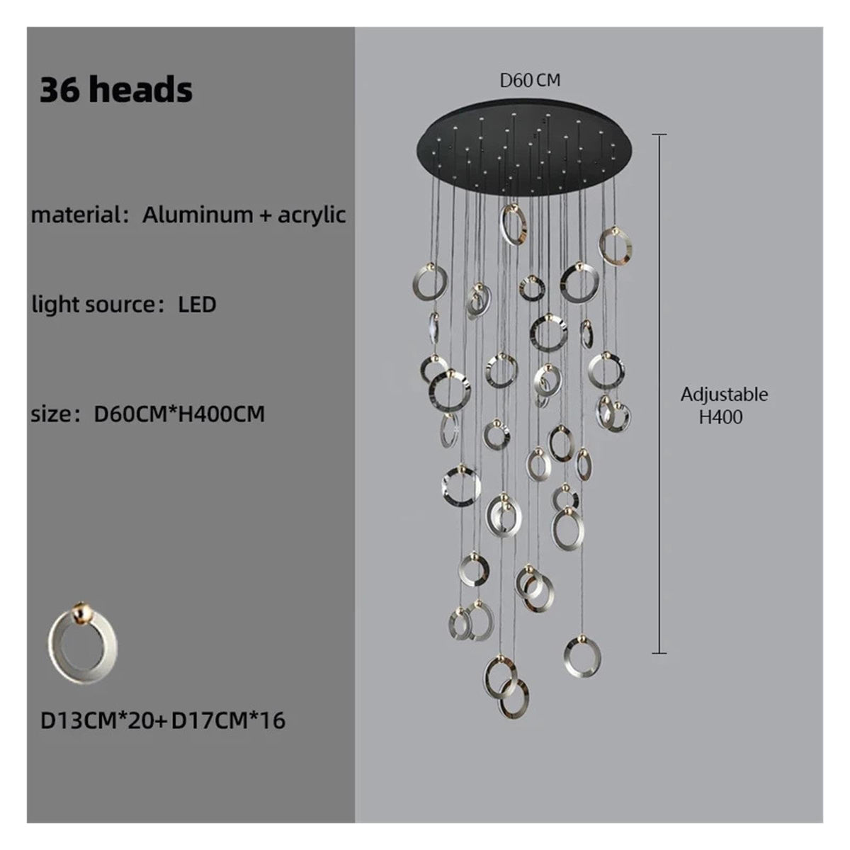 Multi Ring Spiral Suspended Fixture Round Canopy Hanging Decor ,Classic
