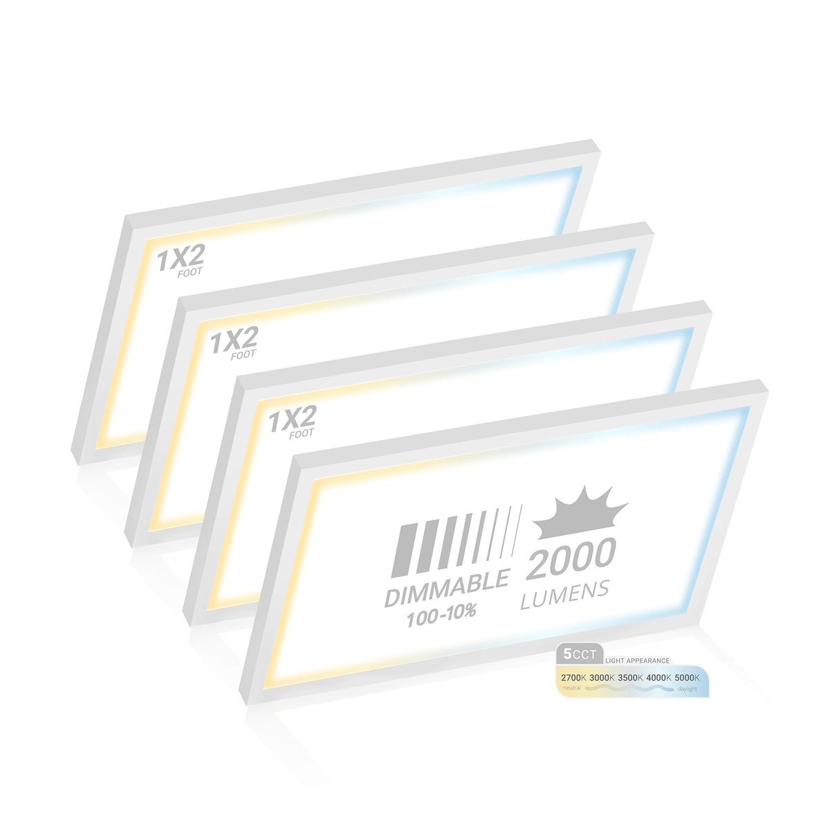 4 Pack 1x2 LED Flat Panel Light Surface Mount, 27000K-5000K, CRI 90
