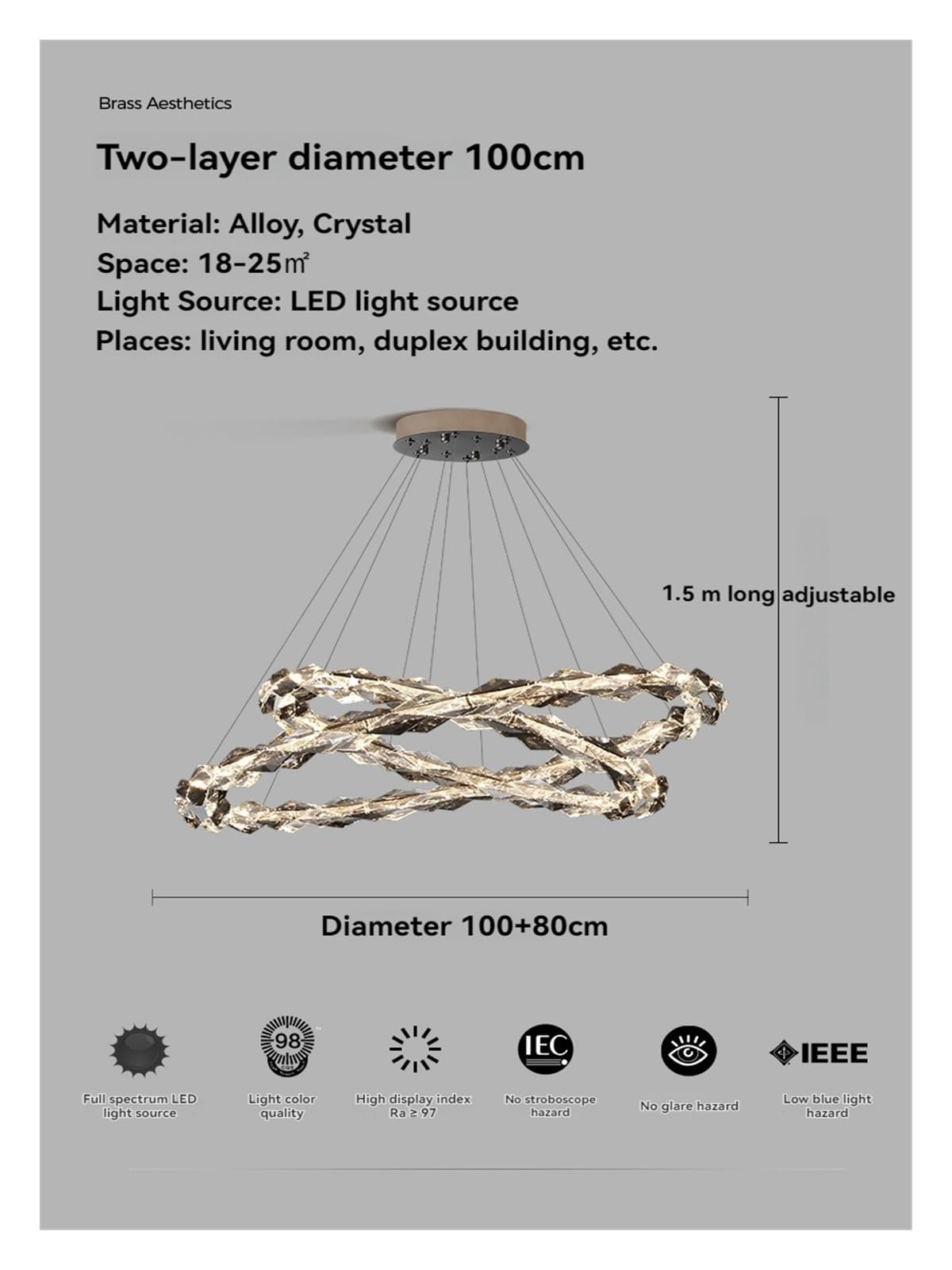 Chandeliers, 2025 Luxury Luster Pendant Light Ring-Shaped Multi-Layer Crystal Ceiling Lamp for Villa Dimmable Custom Living Room Staircas(D100cm with D80cm,3 Color)