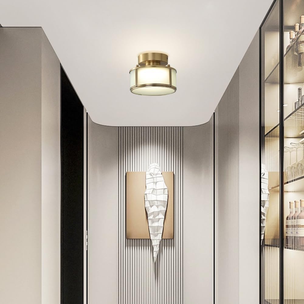 All Copper Glass Semi-recessed Ceiling Light Italian Interior Decoration Simple Lamps LED Three-Color Dimming Close to Lights for Kitchen Island Bedroom Living Room Coffee