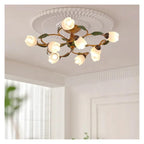 Vintage Flush Mount Ceiling Light Glass Shade Chandelier Antique Iron Metal Fixture,Practical