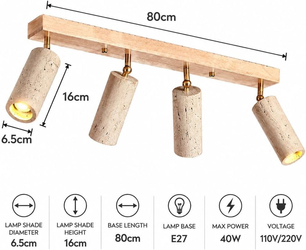 4 Light Yellow Travertine LED Ceiling Fixture with Wood Base 110V