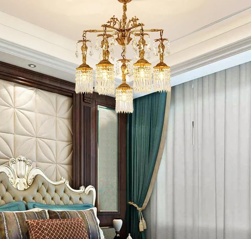 Modern Chandelier, V-intage Living Dining Room Copper Pendant Light French Romantic Style Led Crystal Brass Chandelier(9lights D82 H70cm)