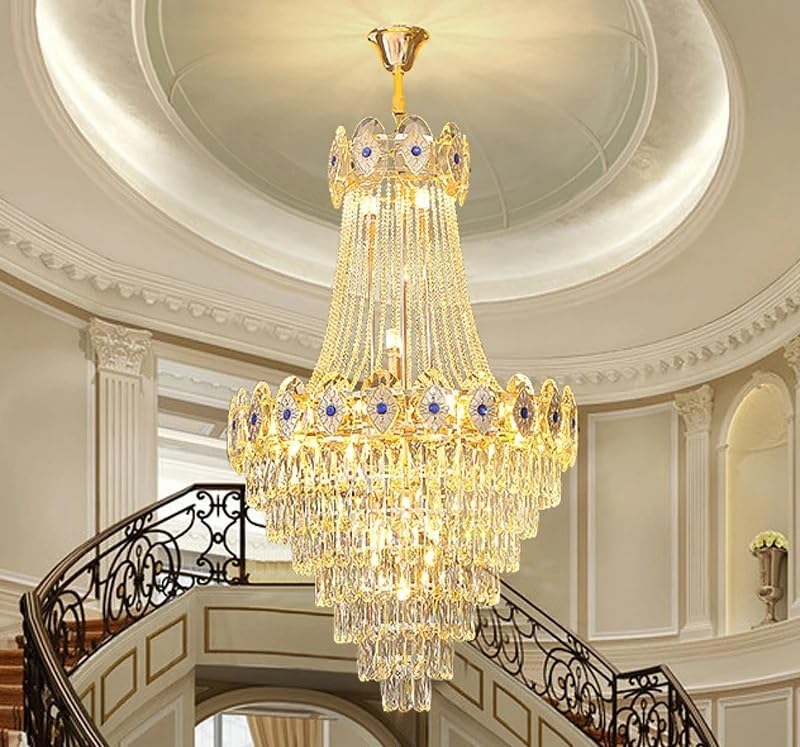 Modern Chandelier, Nordic Crystal Luxury Stair Lights Dimmable LED Gold Round Chandelier Modern Suspension Lustre Hanging Lamp Home Decor(100x160 cm,Dimmable+D35x155)