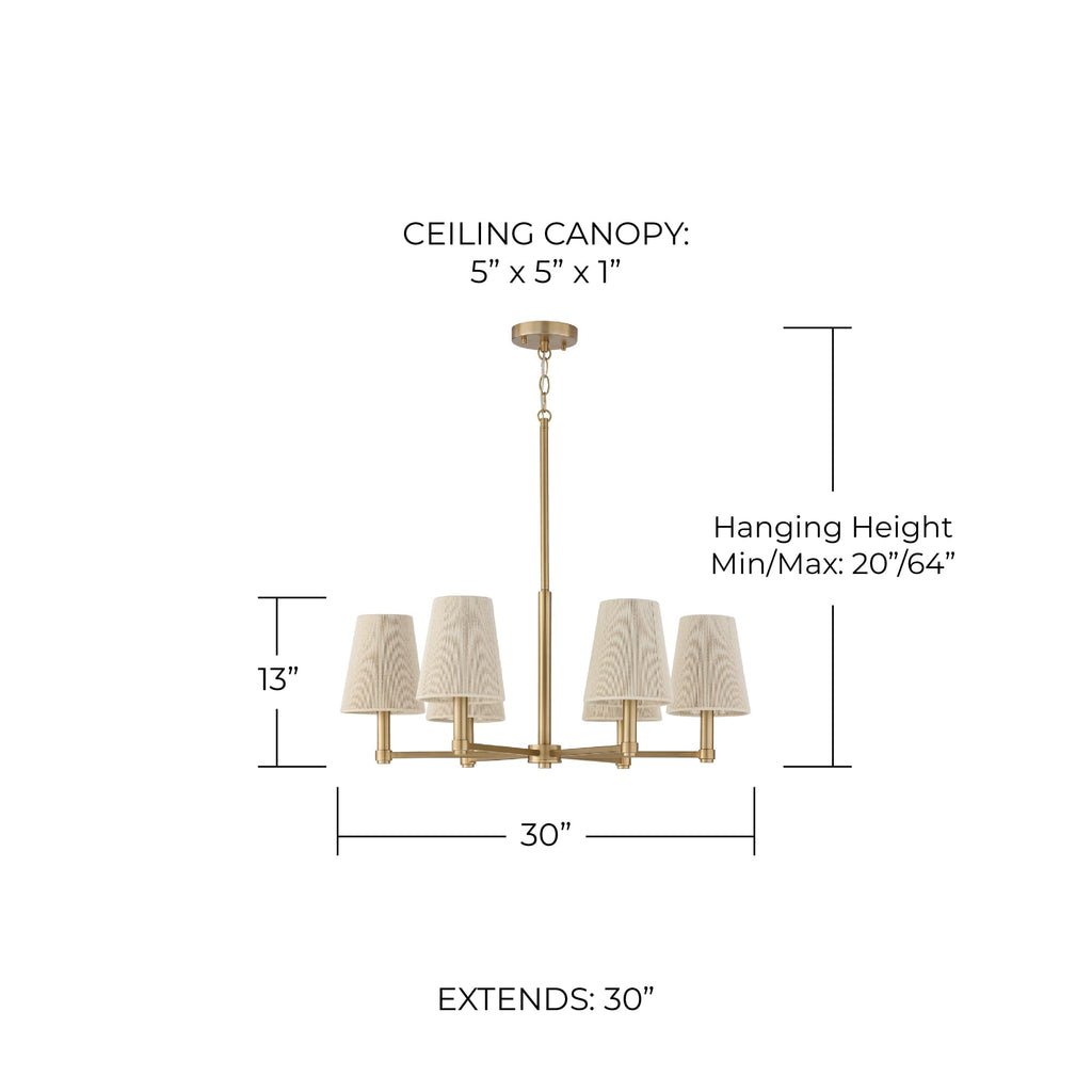 Capital Lighting 454561MA Mira Bleached Natural Rope Shades Chandelier, 6-Light 360 Total Watts, 13" H x 30" W, Matte Brass
