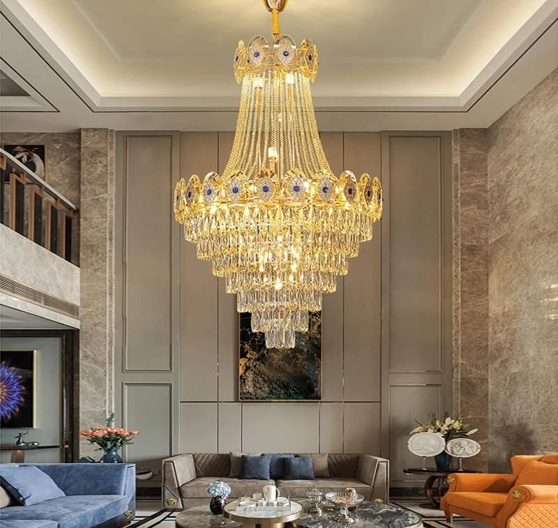 Modern Chandelier, Nordic Crystal Luxury Stair Lights Dimmable LED Gold Round Chandelier Modern Suspension Lustre Hanging Lamp Home Decor(100x160 cm,Dimmable+D35x155)