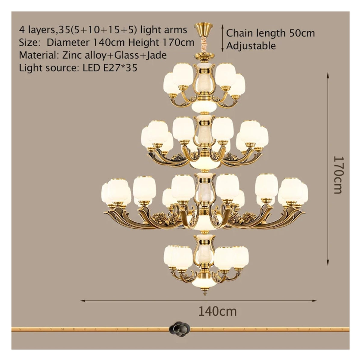 Natural Jade Center Column Glass Lampshade European Chandelier Available for High Ceiling Living Room Dining Room