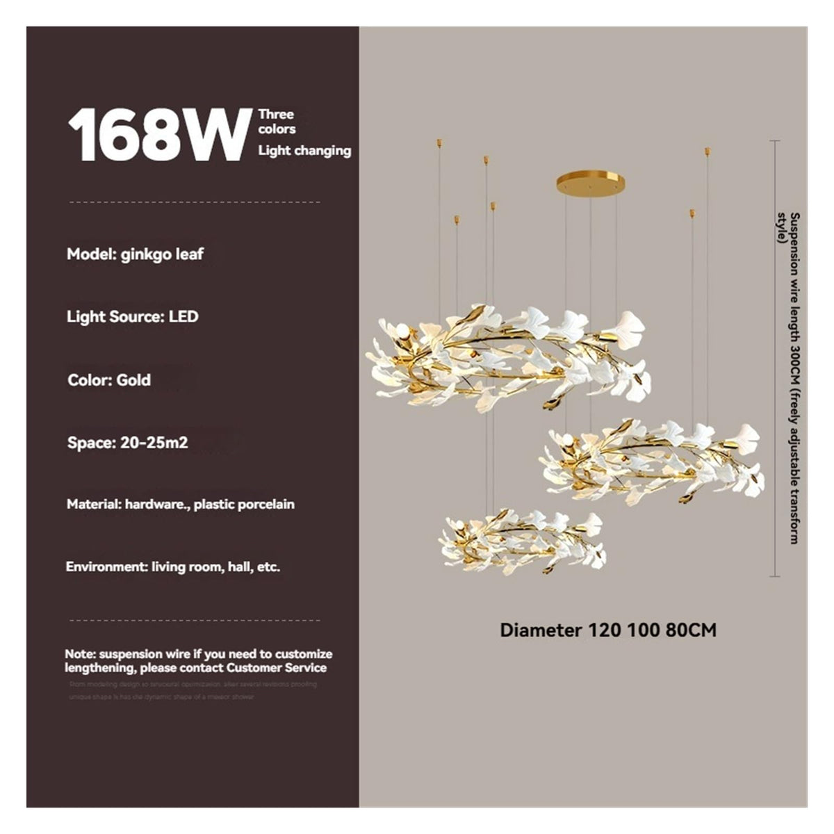Round Ginkgo Leaf Chandelier Ring Long Gold Hanging For Hotel