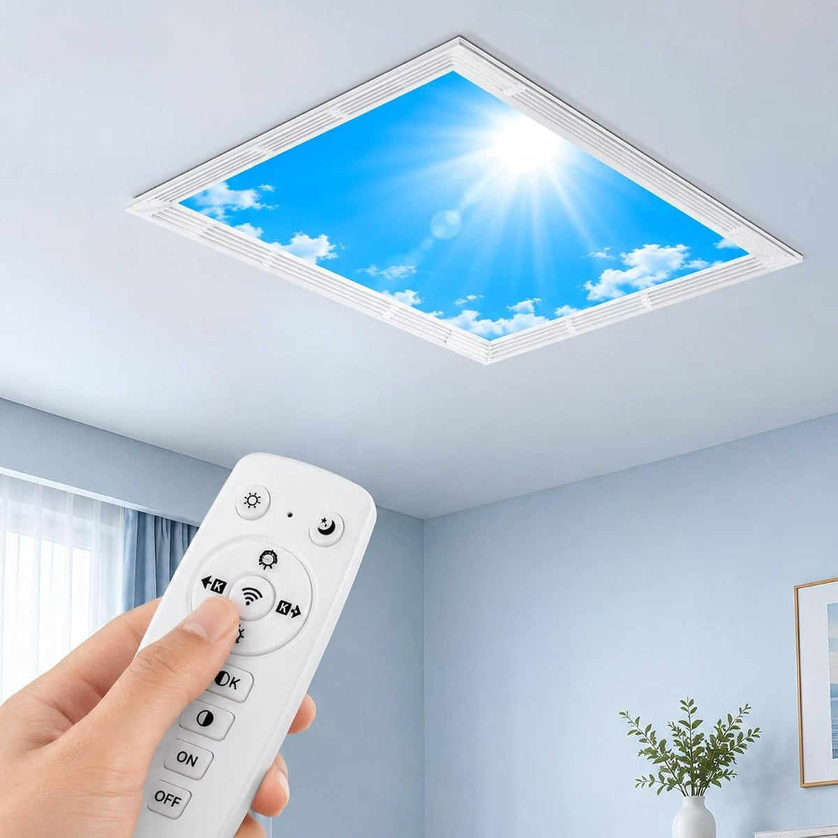 Artificial Skylight Ceiling Light, Dimmable Remote Control, 3000K-6000K Color Temp, 70-Degree Wide-Angle, Blue Sky Panel, for Windowless Room & Basement Embedded-30×60cm