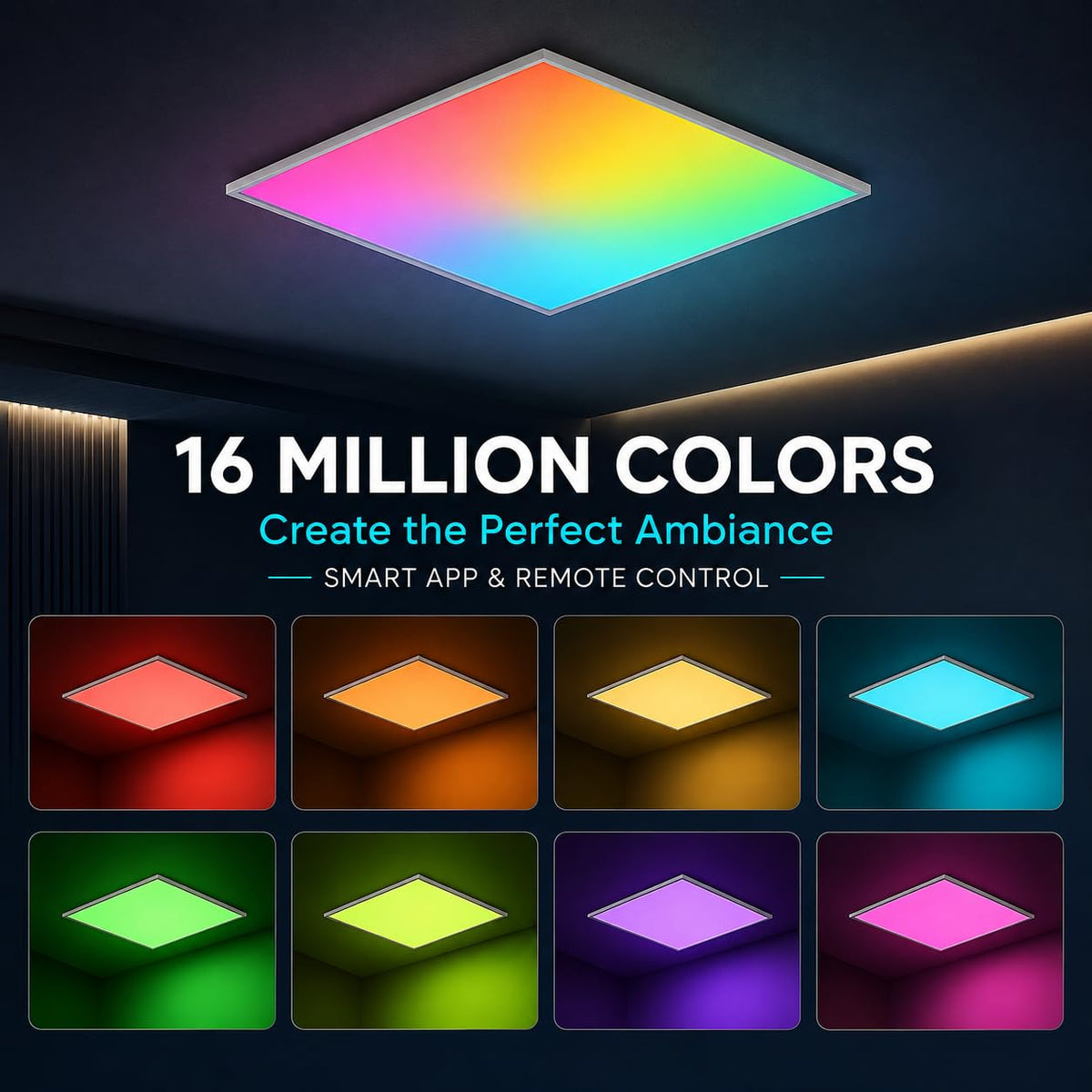 8 Pack 2x2 FT LED RGBW 5000K Multicolor Flat Panel, Light Remote & App Controlled 40W 4400lm Color Changing LED Panel Light Smart Wi-Fi Drop Ceiling Light