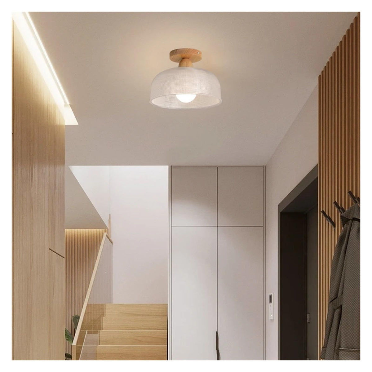 Wooden Ceiling Light Single Head Translucent Glass Lamps Compatible with Residential Entrance Door Balcony Hallway Aisle Illumination