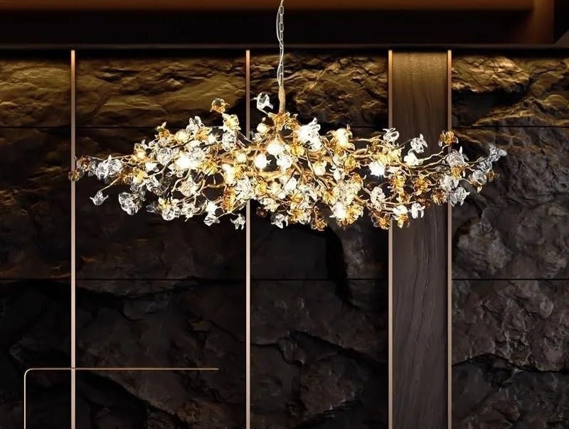 Pendant Lights, Ceiling Crystal Chandeliers Luxury Villa Designer Chandelier for Living Room Lamp Flower and Branch Art Tea(Neutral Light,Long 220x75cm)