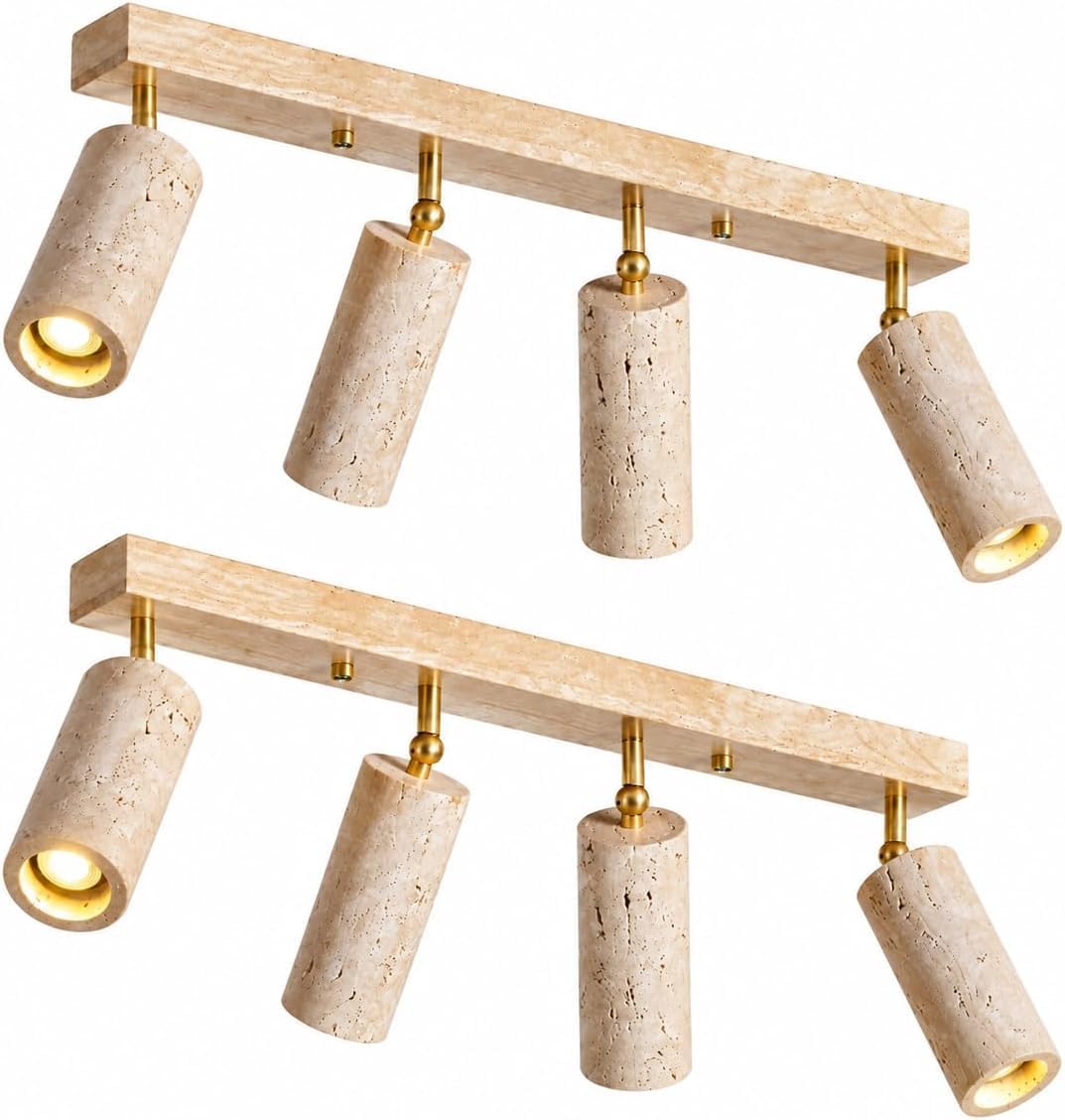 Yellow Travertine Ceiling Light, 4 Head LED Flush Mount Lamp with Wood Base