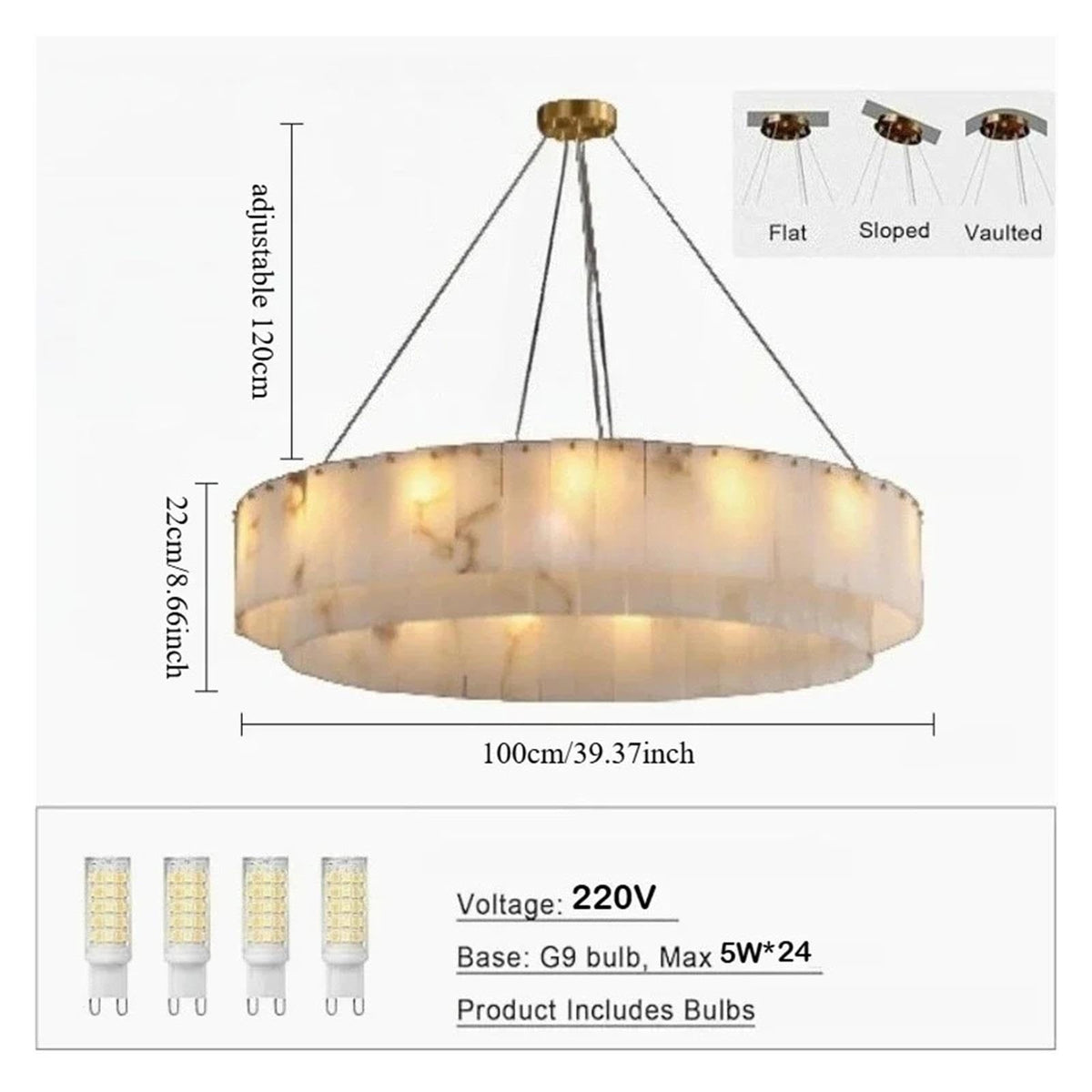 Round Drum Natural Alabaster Chandelier, Modern Marble Shade Pendant Light