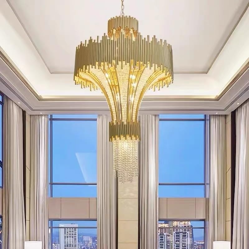Chandelier, Duplex Building Villa Deluxe Crystal Chandelier Stair Hotel Lobby Project LED Penthouse for Living Room(Natural Light,D60xH120CM)