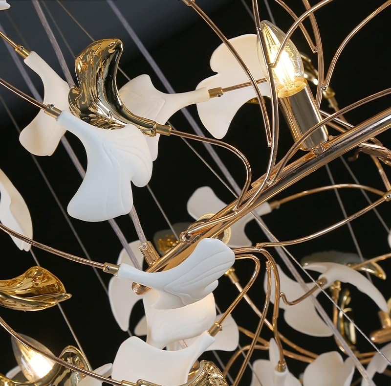 Ceiling Pendant Light, Round Ginkgo Leaf Chandelier Ring for Duplex Staircase Living Room Long Gold Hanging for High Ceiling Vila Hotel(Cold White,D80 100 120CM)