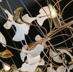 Ceiling Pendant Light, Round Ginkgo Leaf Chandelier Ring for Duplex Staircase Living Room Long Gold Hanging for High Ceiling Vila Hotel(Cold White,D80 100 120CM)