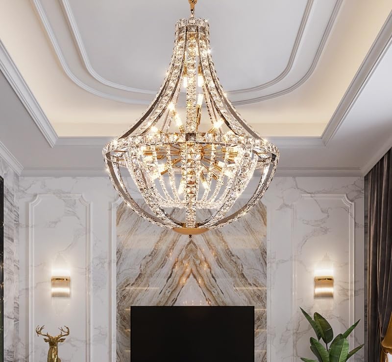 Modern Chandelier, Duplex Crystal Chandelier Villa Empty Living Room Main Light Modern Simple Creative Hotel Lobby Middle Floor High-End Lighting(D80CM H104CM,3 Changeable Color)