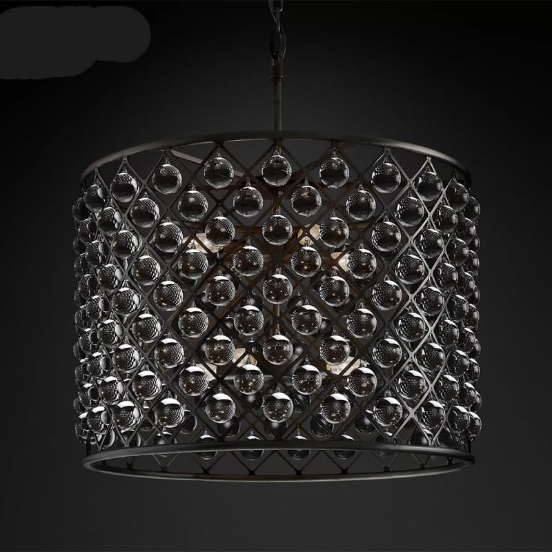 Retro Round Chandelier for Living Room Black Clear Glass Drops Pendant Hanging Light Fixture,Hanging Light(Tall Dia900mm)
