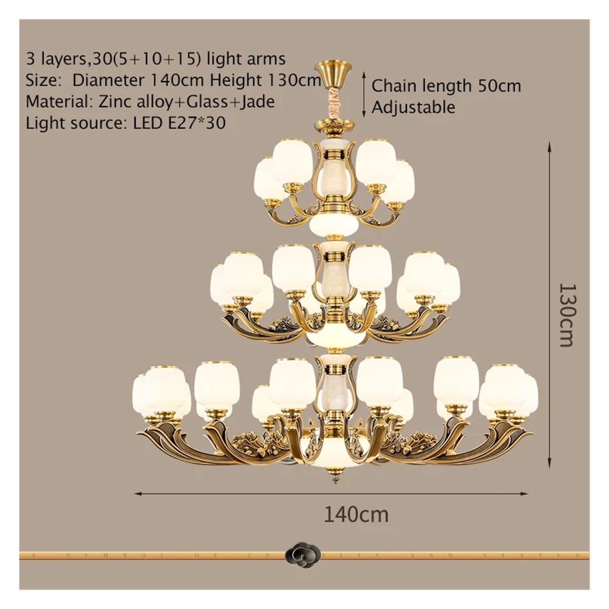 Natural Jade Center Column Glass Lampshade European Chandelier Available for High Ceiling Living Room Dining Room