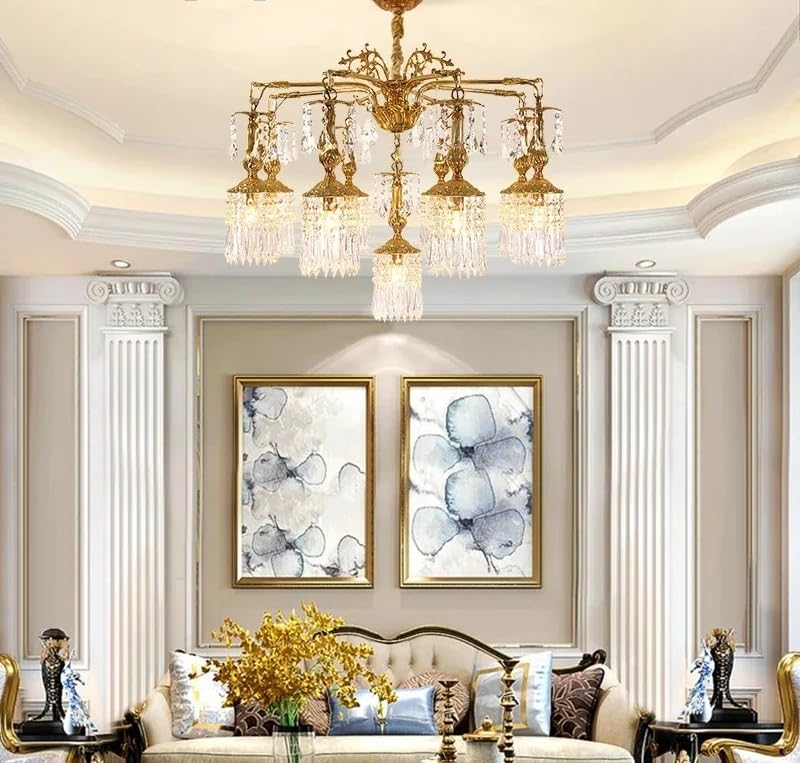 Modern Chandelier, V-intage Living Dining Room Copper Pendant Light French Romantic Style Led Crystal Brass Chandelier(9lights D82 H70cm)