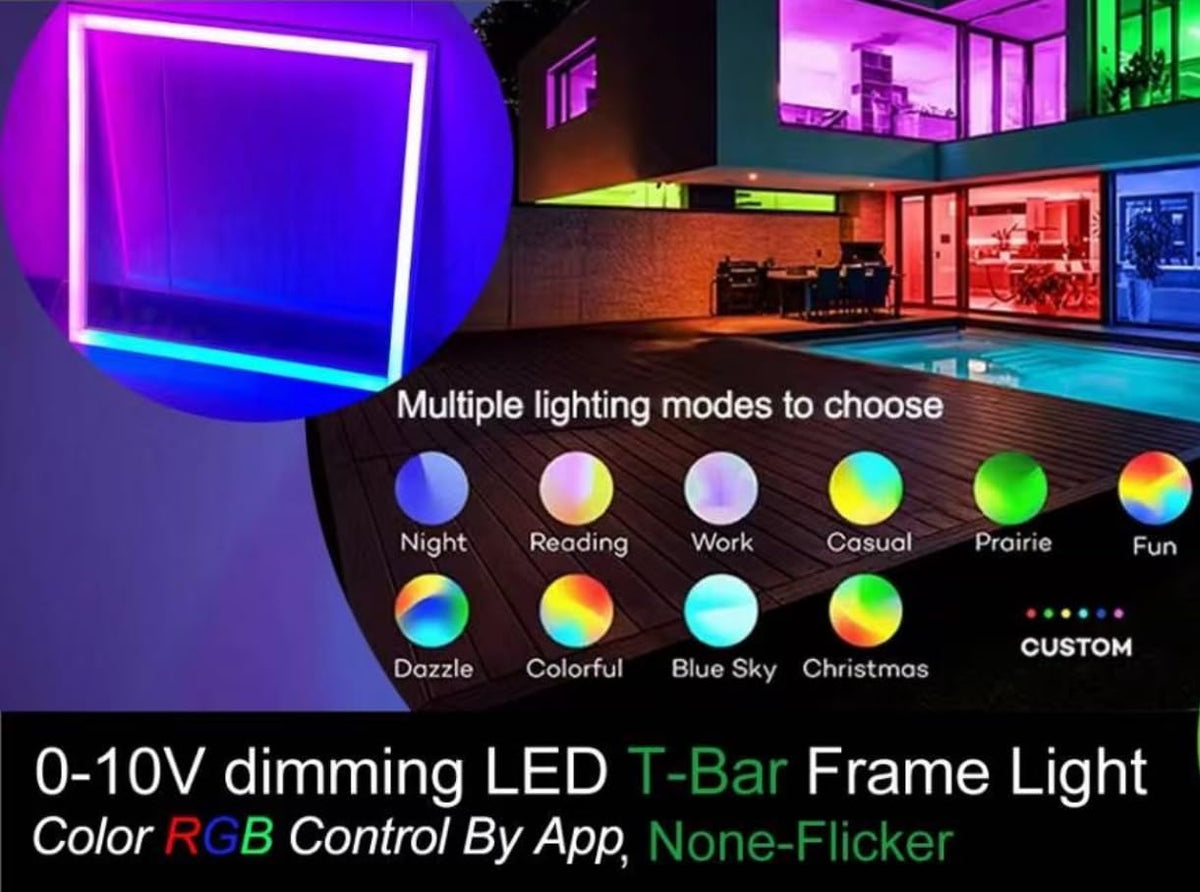 2x4 FT RGB Multicolor Edge-Lit Frame LED Panel Lights Remote & App Controlled 60W 6600lm Color Changing LED Panel Light Smart 2.4G+Bluetooth Drop Ceiling Light with (6 Pack)