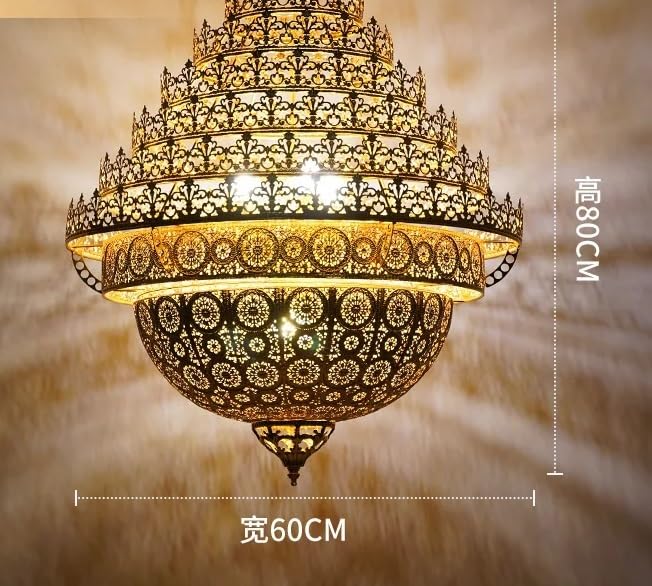 Pendant Lights, Classical Flame Pendant Light LED Zen Art Gold Lustre Hollow Carved Moroccan Lamp Hotel Buddha Hall Loft Restaurant(D80 H90CM)