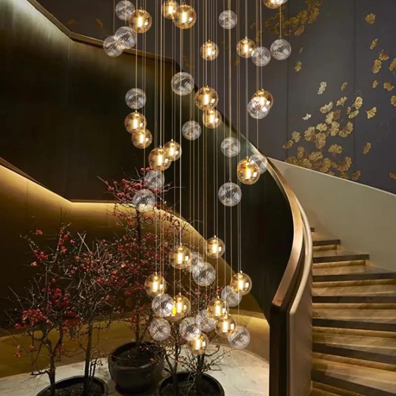 Chandelier Light, Modern Colorful Chandelier Revolving Staircase Pendant Light Luxury Glass Ball Hollow Loft Duplex Building Large(50 Balls,Tricolor Light)