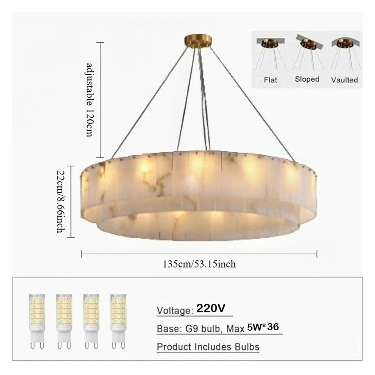 Round Drum Natural Alabaster Chandelier, Modern Marble Shade Pendant Light
