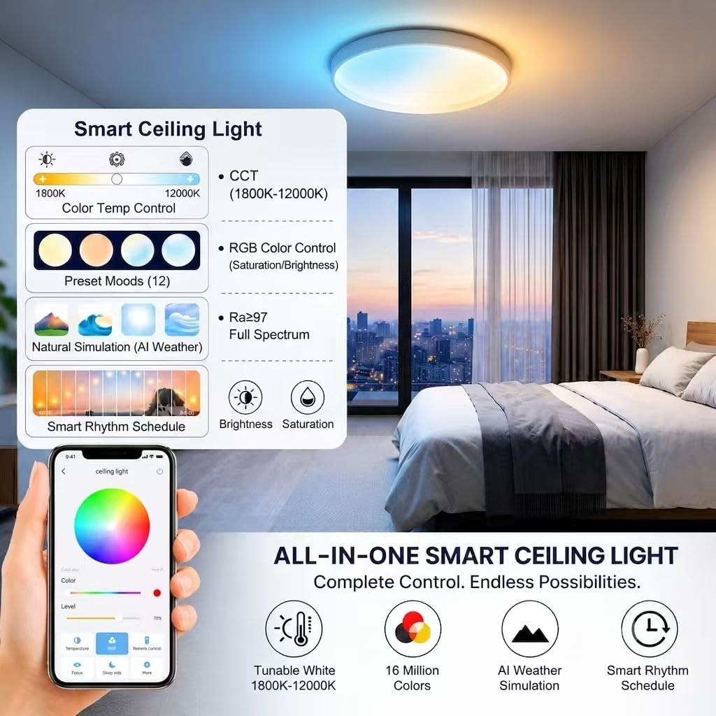 YUNKE 16.5" Smart Ceiling Light Flush Mount with APP Control & Magic IC
