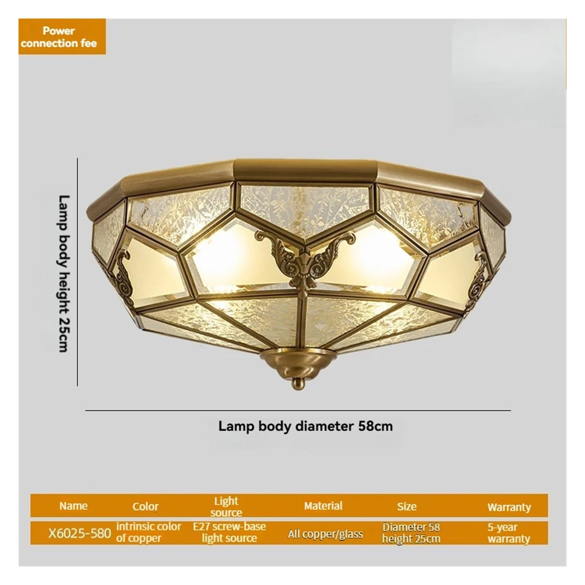 Vintage American Octagonal Flush Mount Ceiling Light Solid Brass Frame with Frosted Crackle Glass Shades Traditional Luxury Chandelier