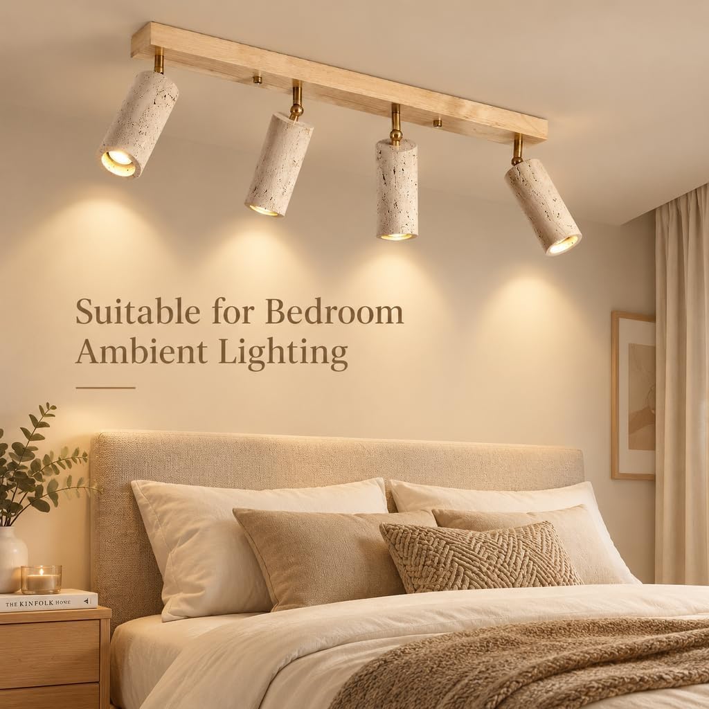 Yellow Travertine Ceiling Light, 4 Head LED Flush Mount Lamp with Wood Base