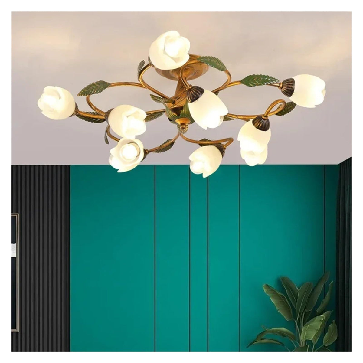 Vintage Flush Mount Ceiling Light Glass Shade Chandelier Antique Iron Metal Fixture,Practical
