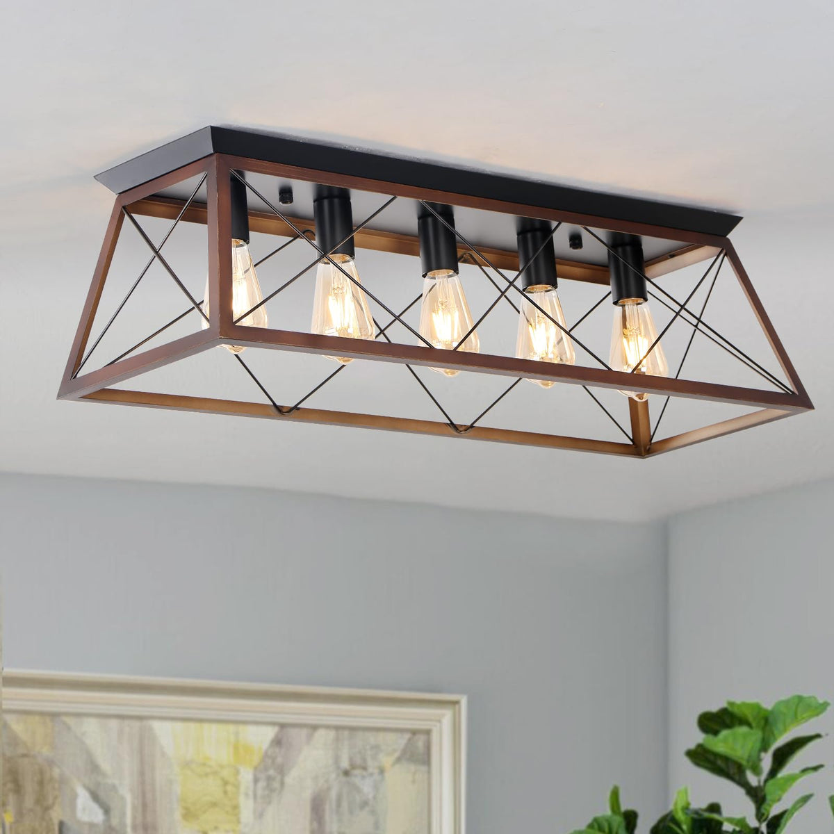 38” Farmhouse Large Flush Mount Ceiling Light Fixture with Walnut Finish