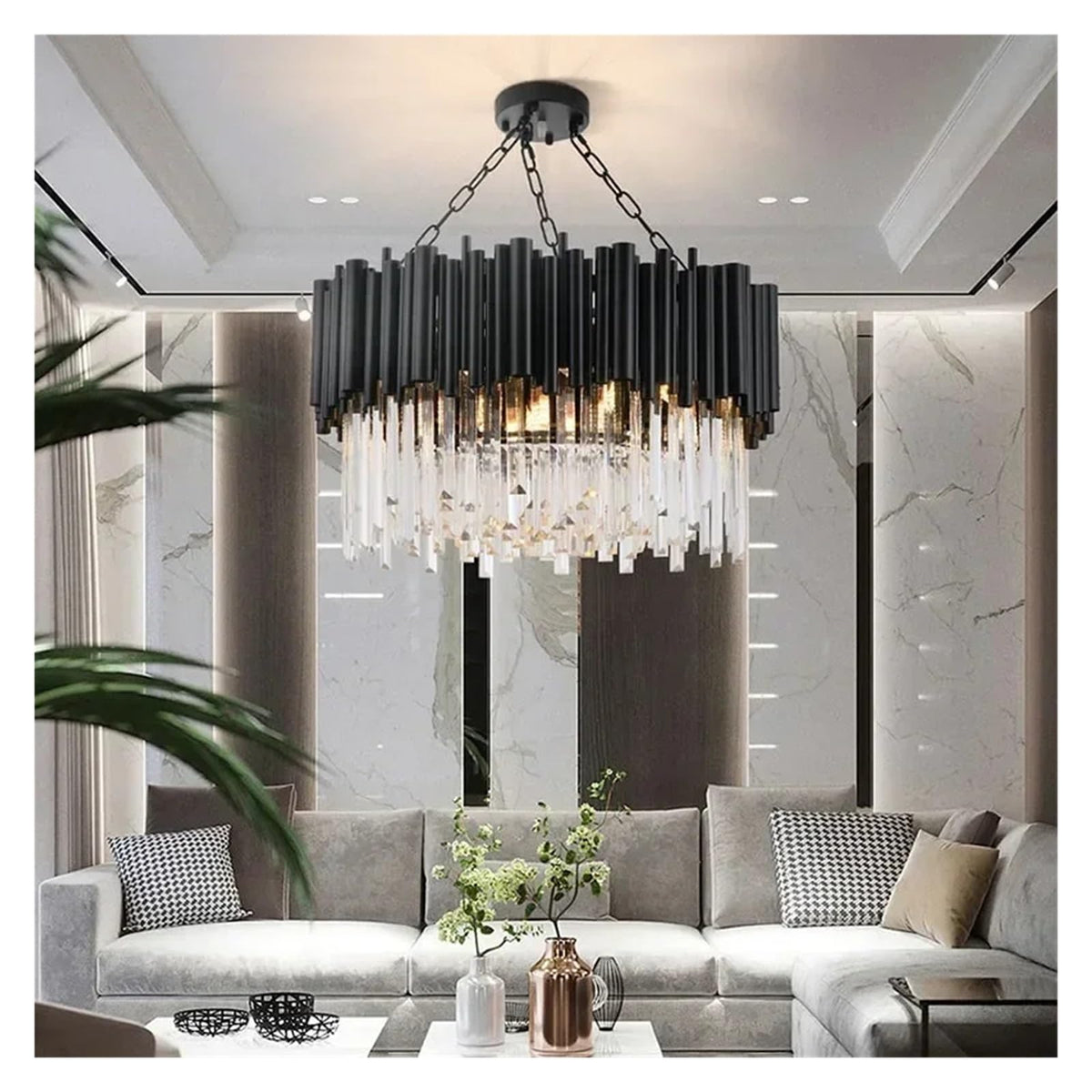 Round Hanging Lights Modern K9 Crystal Luxury LED Chandelier Lighting Black Fixtures Lights